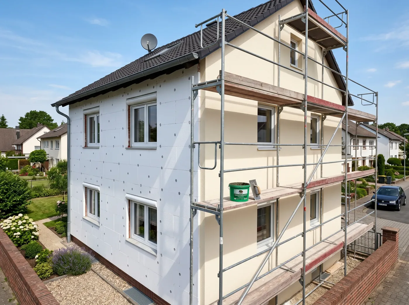Wohnhaus im Gerüst während der Anbringung eines Wärmedämm-Verbundsystems